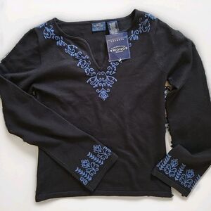 New Sonoma Jean Black Pullover V Neck Sweater Blue Detail Petite Small Stretch